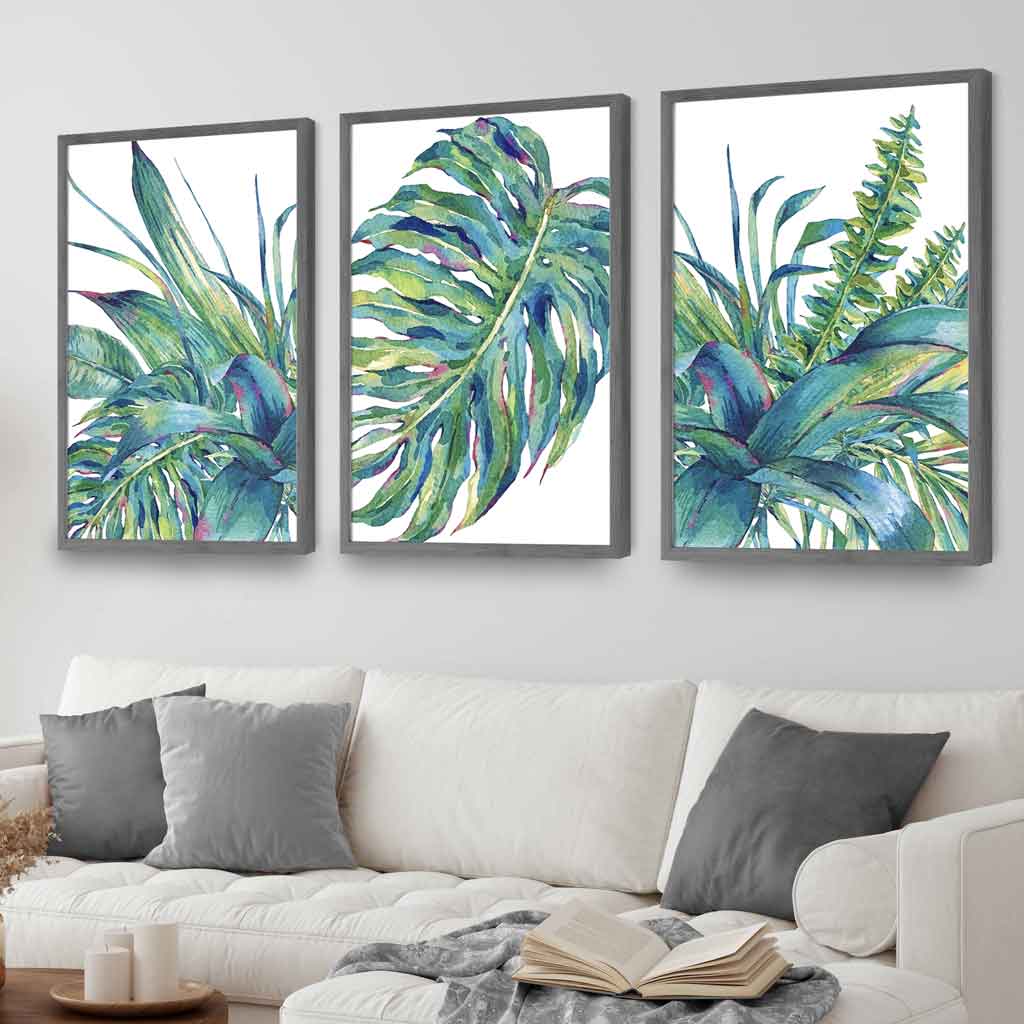 Set of 3 Watercolour Green Blue Tropical Leaves Wall Art Framed Prints | Artze Wall Art UK