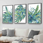 Set of 3 Watercolour Green Blue Tropical Leaves Wall Art Framed Prints | Artze Wall Art UK