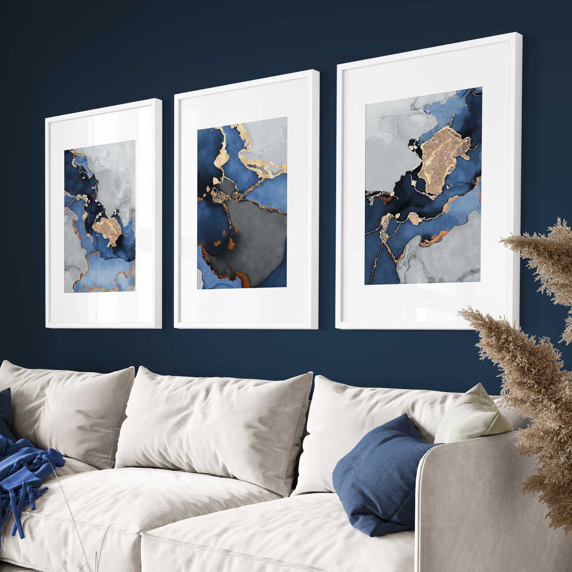 Framed Set of 3 Navy and Silver Abstract Art Prints | Artze Wall Art UK