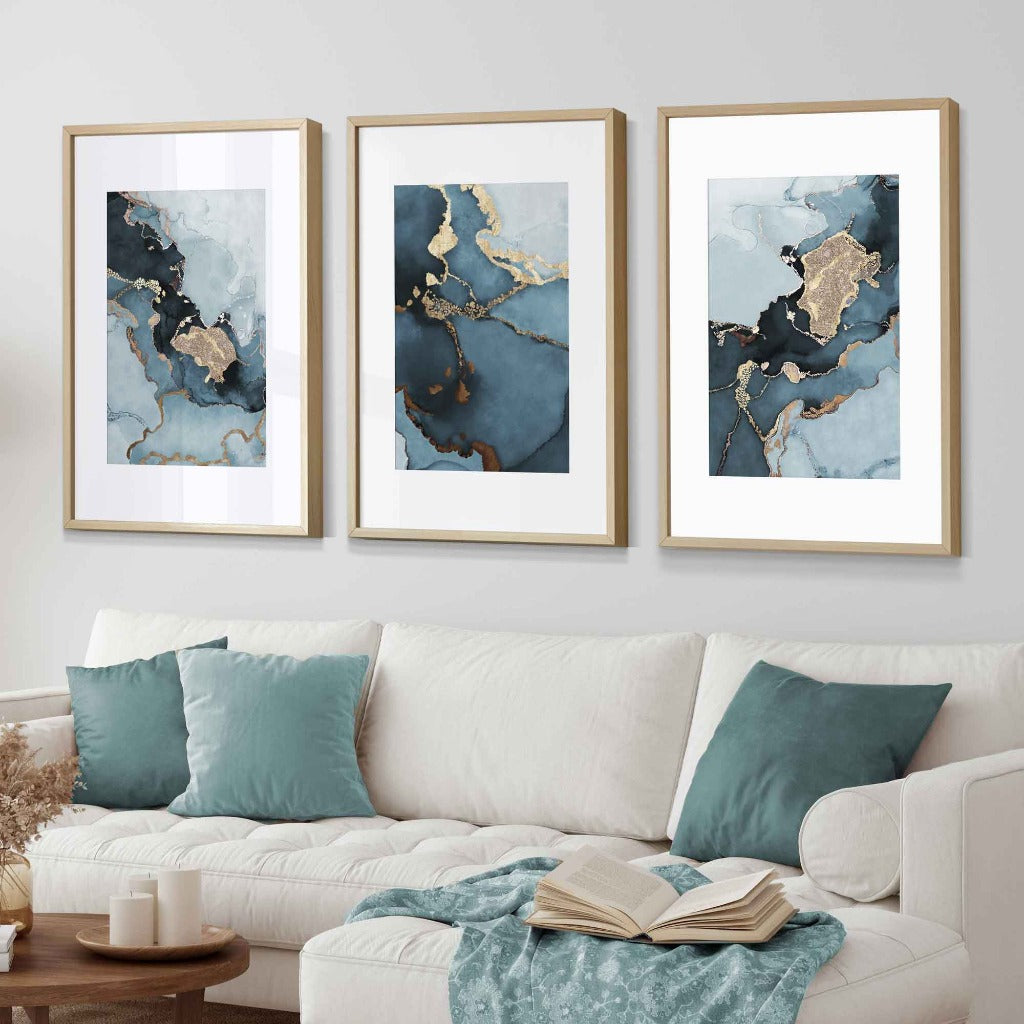 Set of 3 Abstract Teal Blue and Gold Framed Wall Art Prints | Artze Wall Art UK