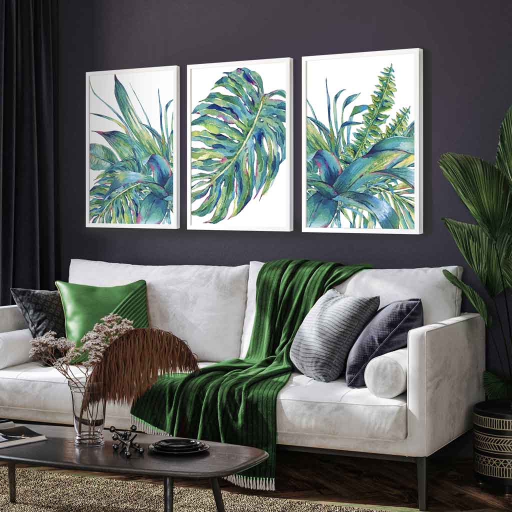 Set of 3 Watercolour Green Blue Tropical Leaves Wall Art Framed Prints | Artze Wall Art UK