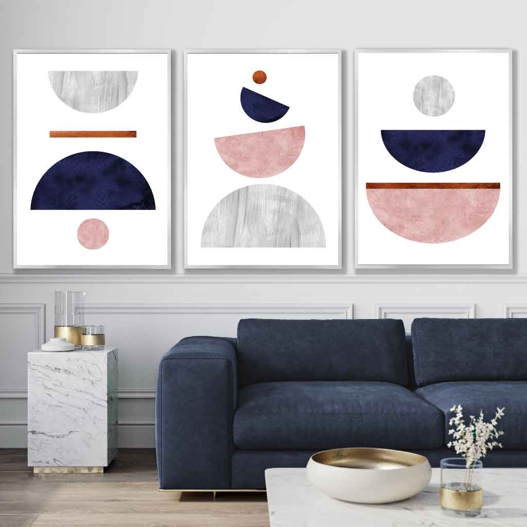 Navy Blue, Blush & Copper Textured Geometric Art Prints