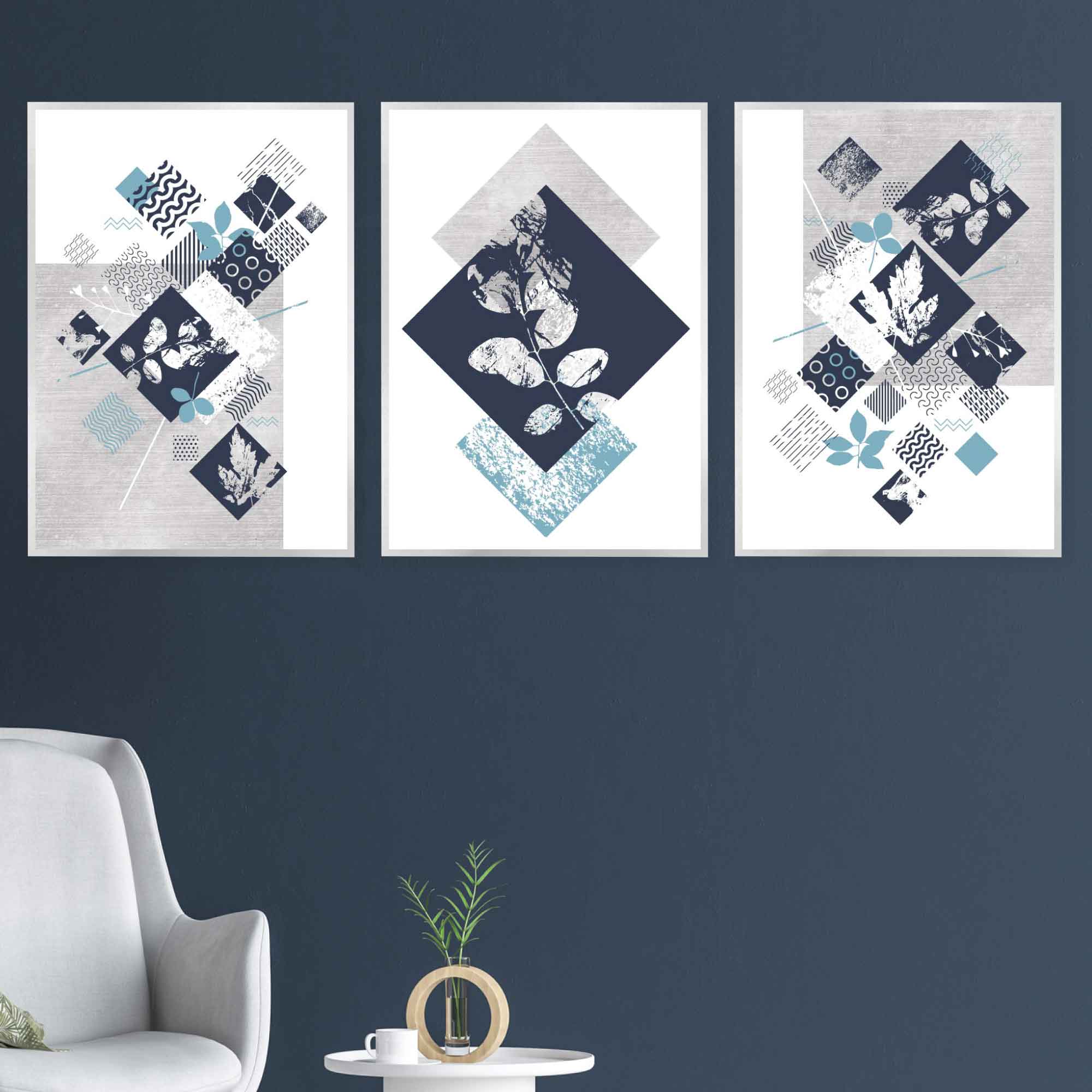 BOTANICAL Set of 3 Abstract GEOMETRIC Navy Blue and Aqua Floral Prints