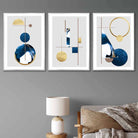 Abstract Set of 3 Textured Geometric Art Wall Art Prints in Navy Blue and Gold