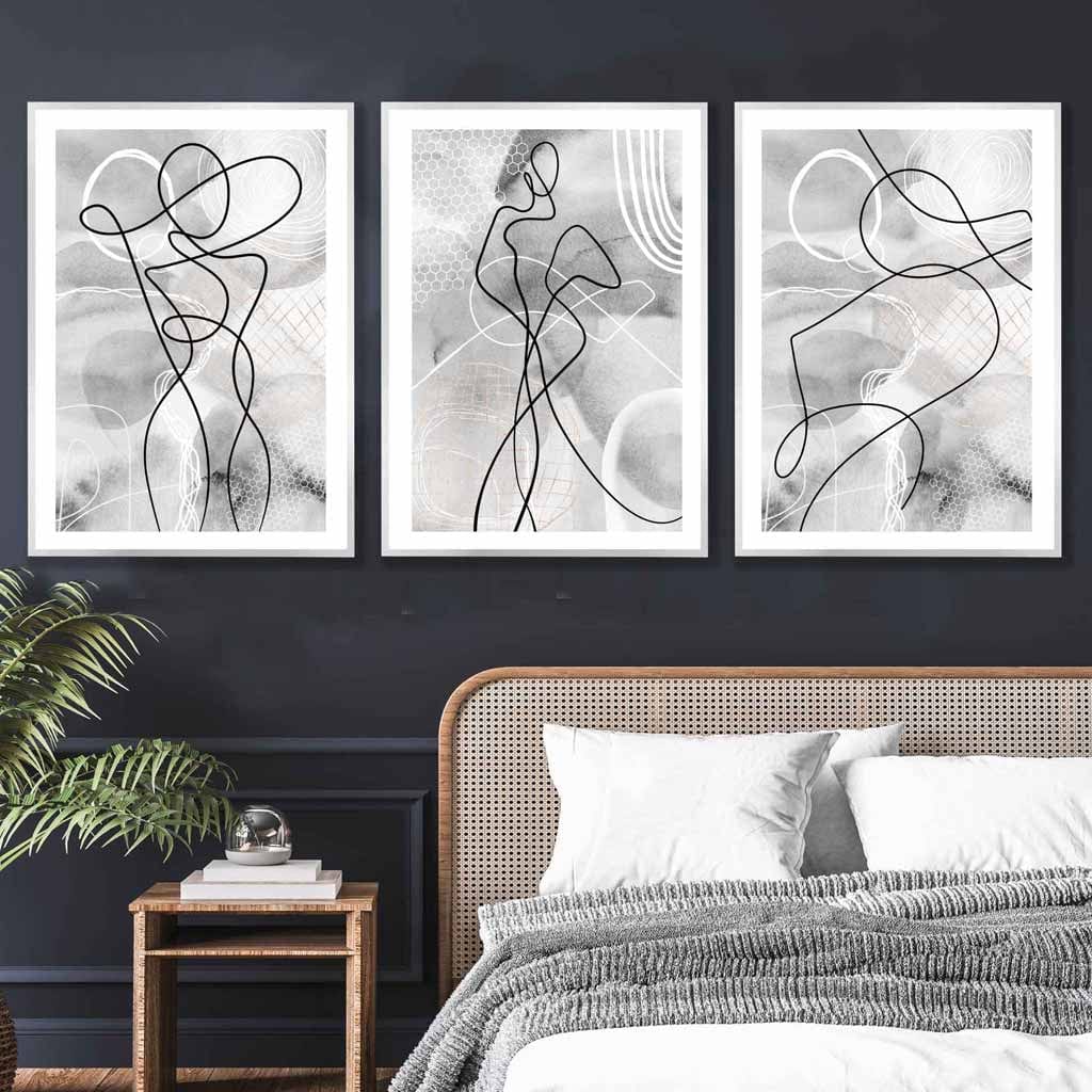Abstract Set of 3 Fashion Line Art Wall Art Prints in Black & Grey