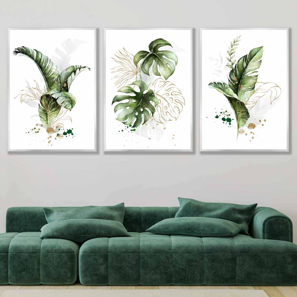 Botanical Set of 3 Green and Gold Floral Wall Art Prints