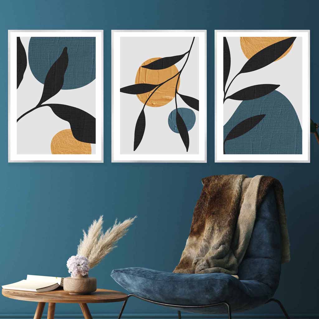 Mid Century Botanical Set of 3 Teal, Yellow Wall Art Prints