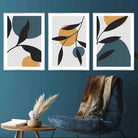 Mid Century Botanical Set of 3 Teal, Yellow Wall Art Prints