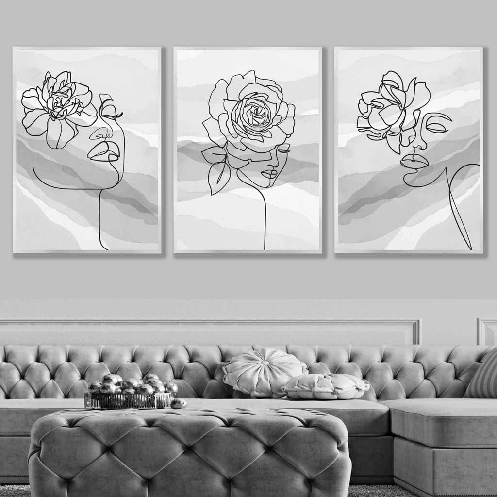 Set of 3 Line Art Floral Faces on Grey Watercolour Art Posters
