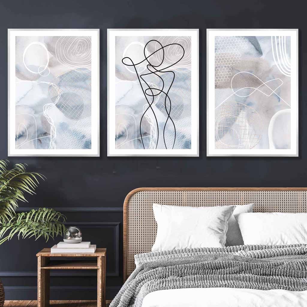 Abstract Set of 3 Fashion Line Art Wall Art Prints in Blue & Beige