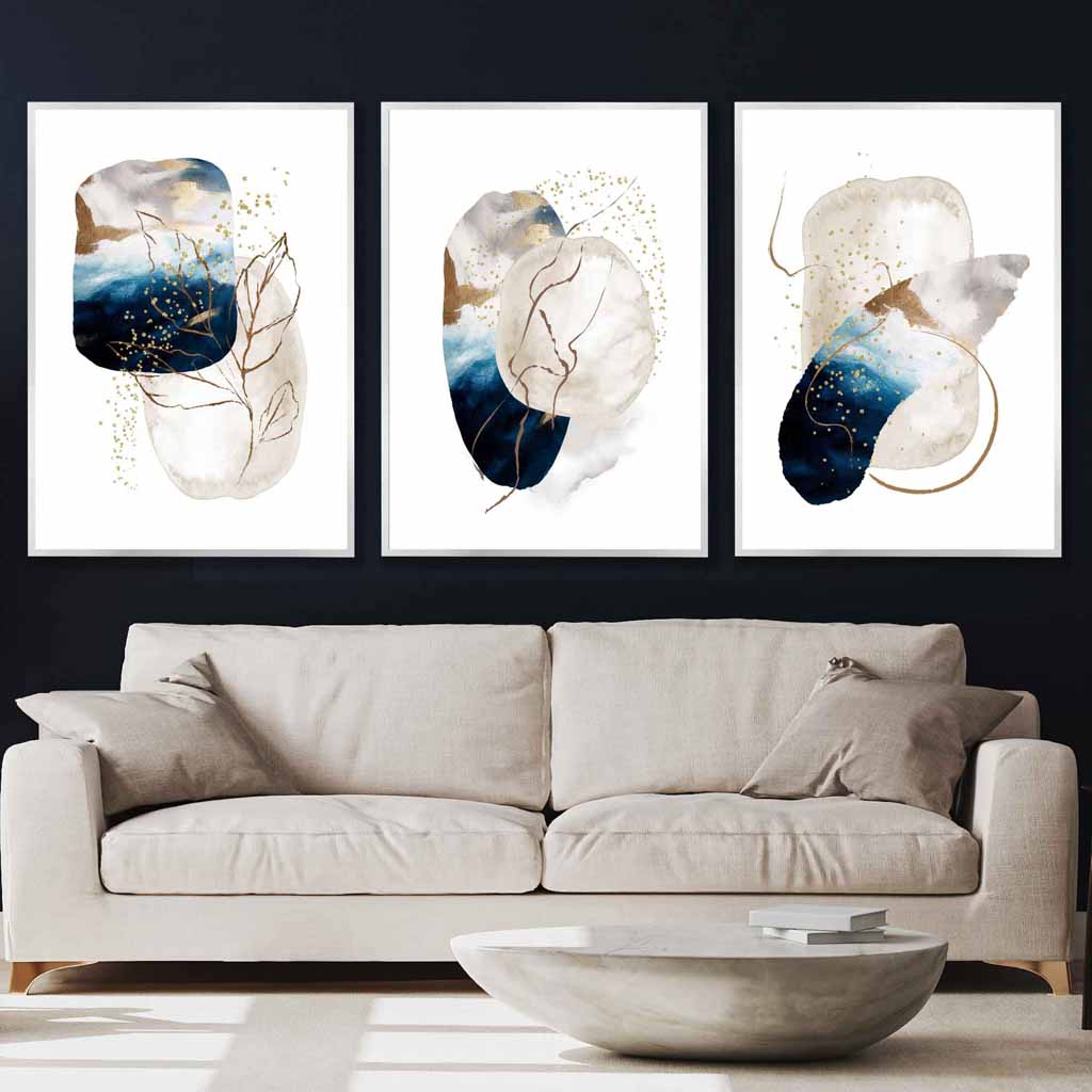 Abstract Textured Navy Blue, Ivory and Gold Set of 3 Wall Art Prints