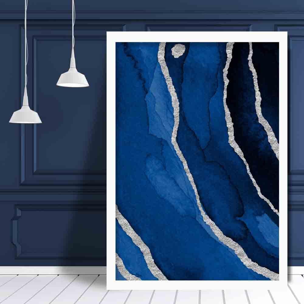 Abstract Navy Blue & Silver Art Print No 3