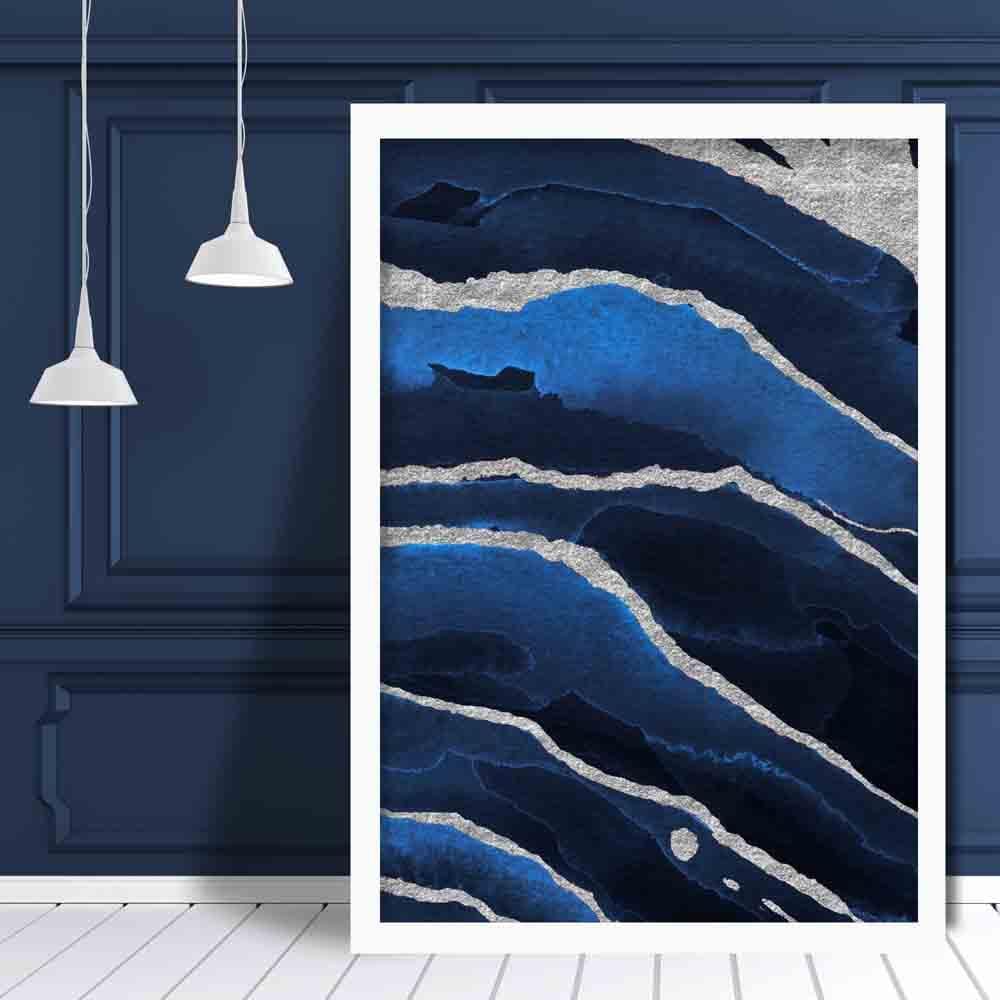 Abstract Navy Blue & Silver Art Print No 2