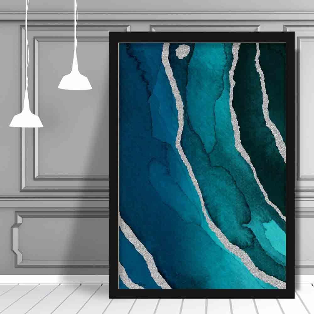 Abstract Teal Blue & Silver No 3 Art Print