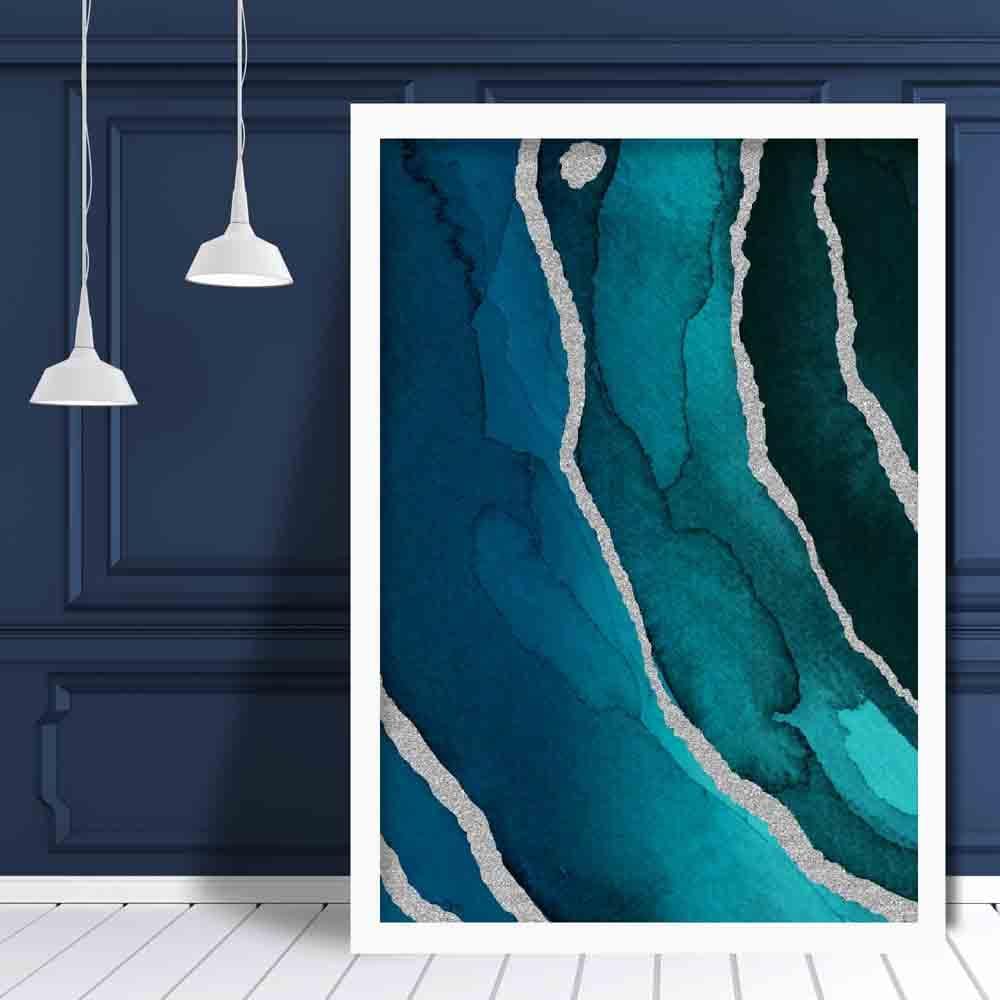 Abstract Teal Blue & Silver No 3 Art Print