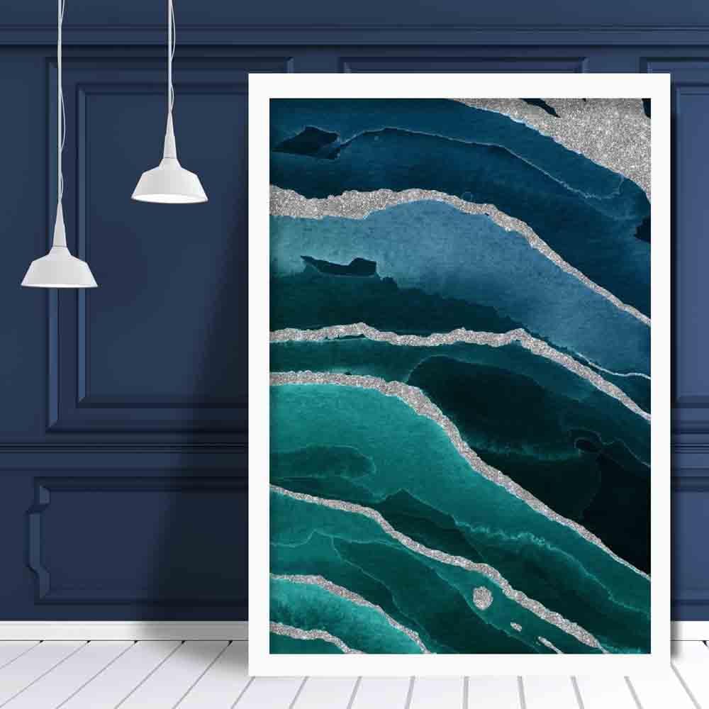 Abstract Teal Blue & Silver No 2 Art Print