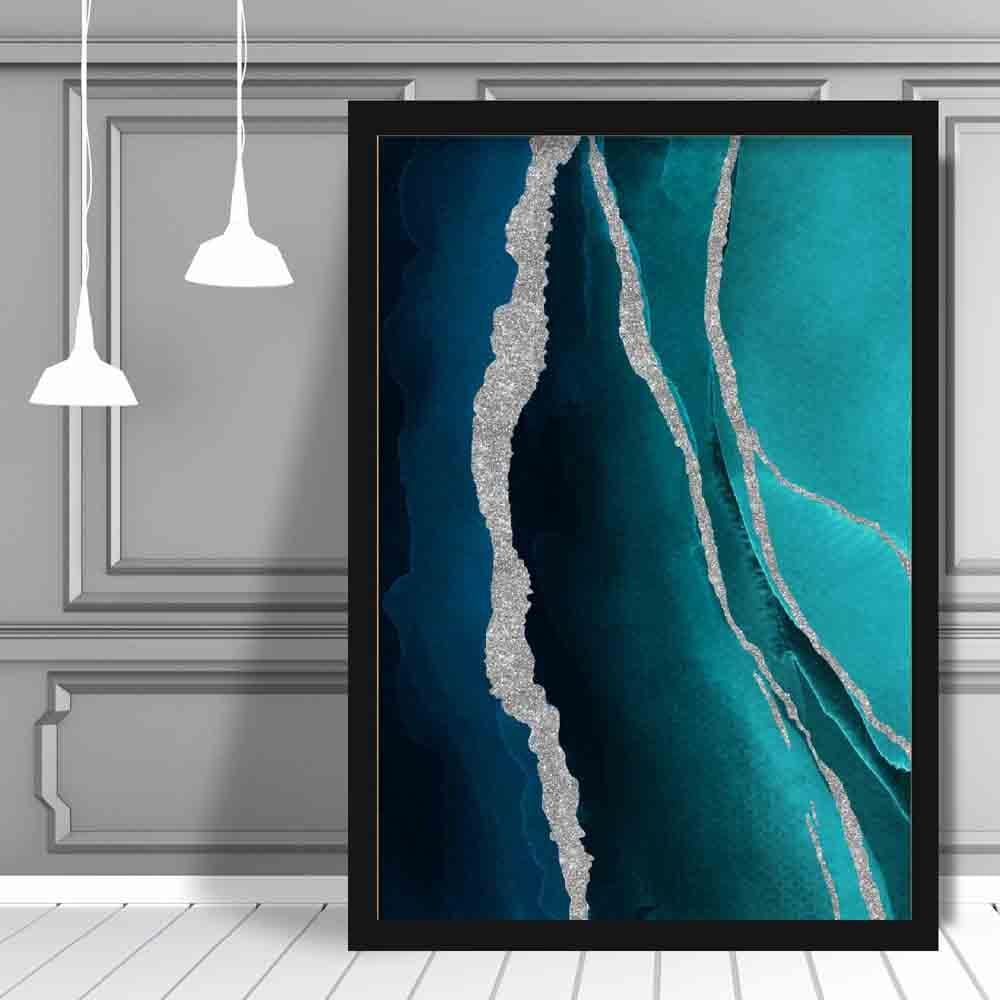 Abstract Teal Blue & Silver No 1 Art Print