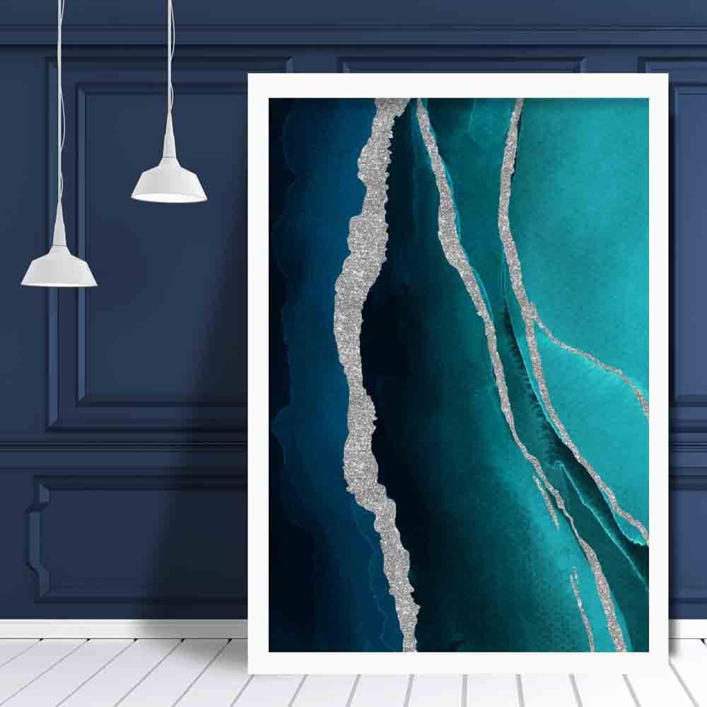 Abstract Teal Blue & Silver No 1 Art Print