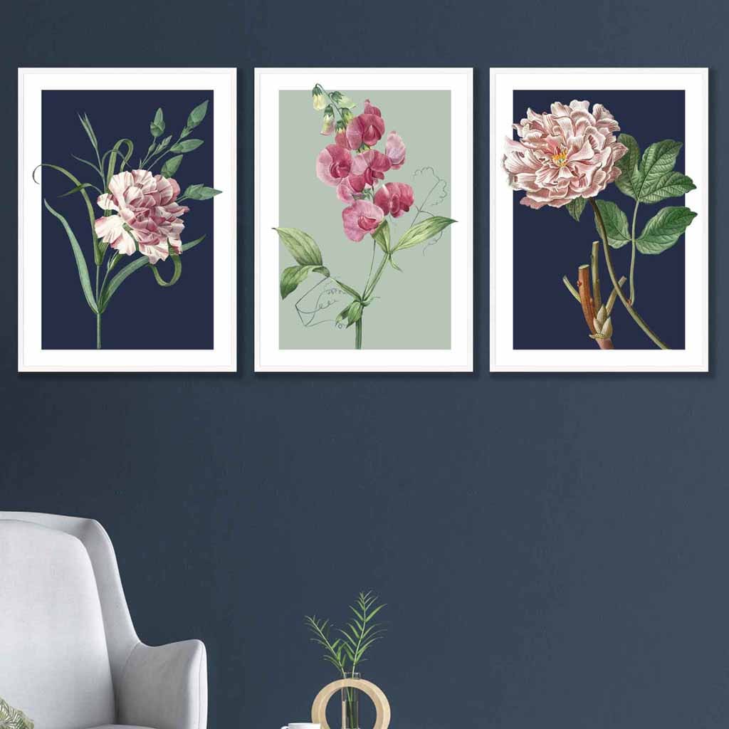 Vintage Flowers Navy Blue and Sage Green Set of 3 Wall Art Prints