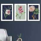 Vintage Flowers Navy Blue and Sage Green Set of 3 Wall Art Prints