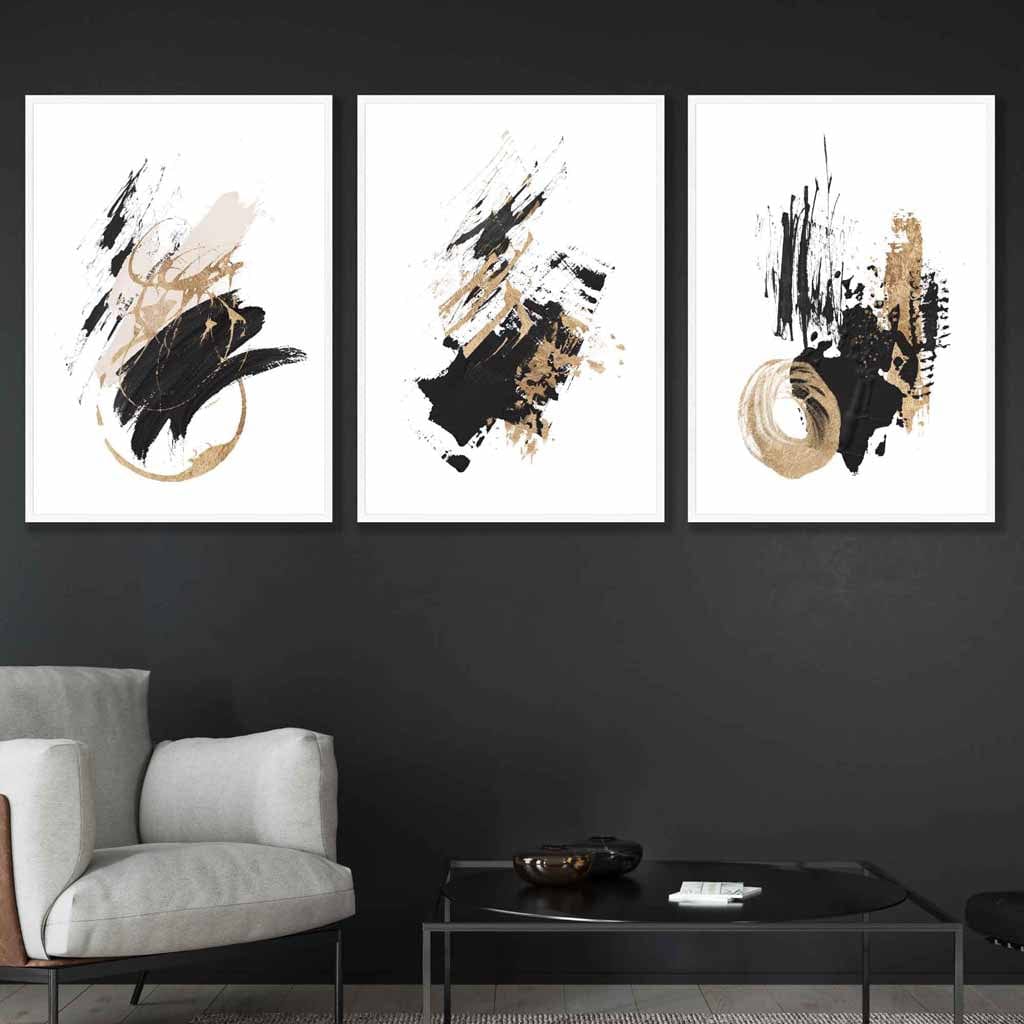 Set of 3 Abstract Wall Art Prints from Oil Paintings Black and Gold