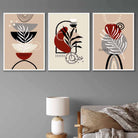 Boho Floral Set of 3 Wall Art Prints in Black Beige Red and Grey