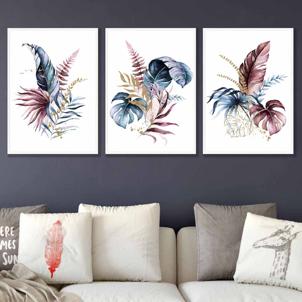 Botanical Set of 3 Pink and Blue Floral Wall Art Framed Prints | Artze Wall Art UK