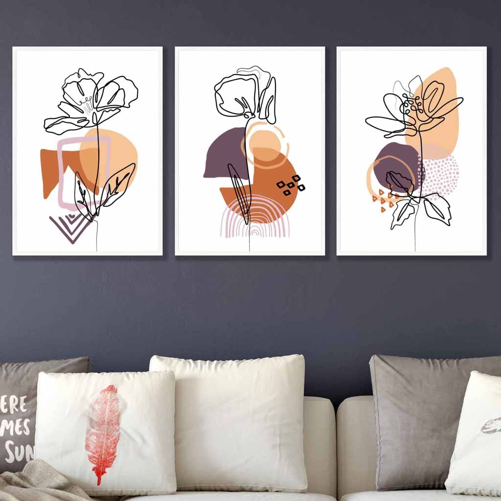 Set of 3 Peonies Memphis Style Purple and Orange Wall Line Art Prints