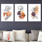 Set of 3 Peonies Memphis Style Purple and Orange Wall Line Art Prints