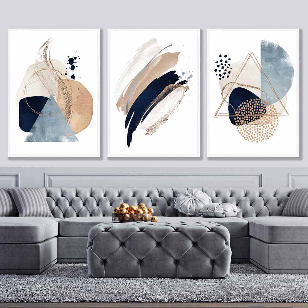 Set of 3 Abstract Beige Blue and Gold Wall Art Prints