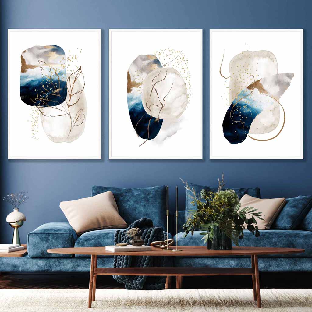 Abstract Textured Navy Blue, Ivory and Gold Set of 3 Wall Art Prints