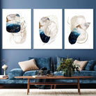Abstract Textured Navy Blue, Ivory and Gold Set of 3 Wall Art Prints