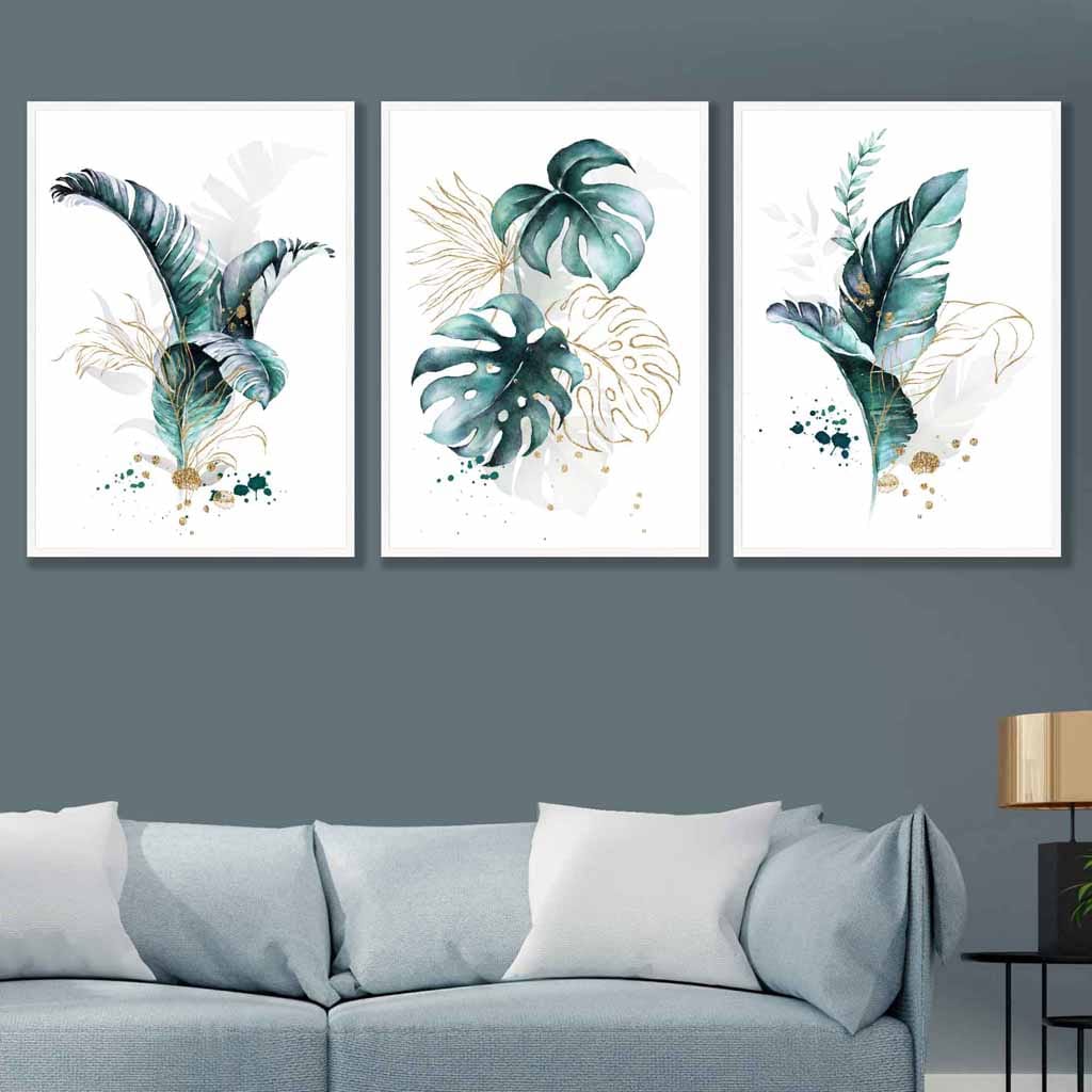 Teal Blue and Gold Botanical Set of 3 Floral Wall Art Prints