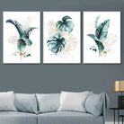 Teal Blue and Gold Botanical Set of 3 Floral Wall Art Prints