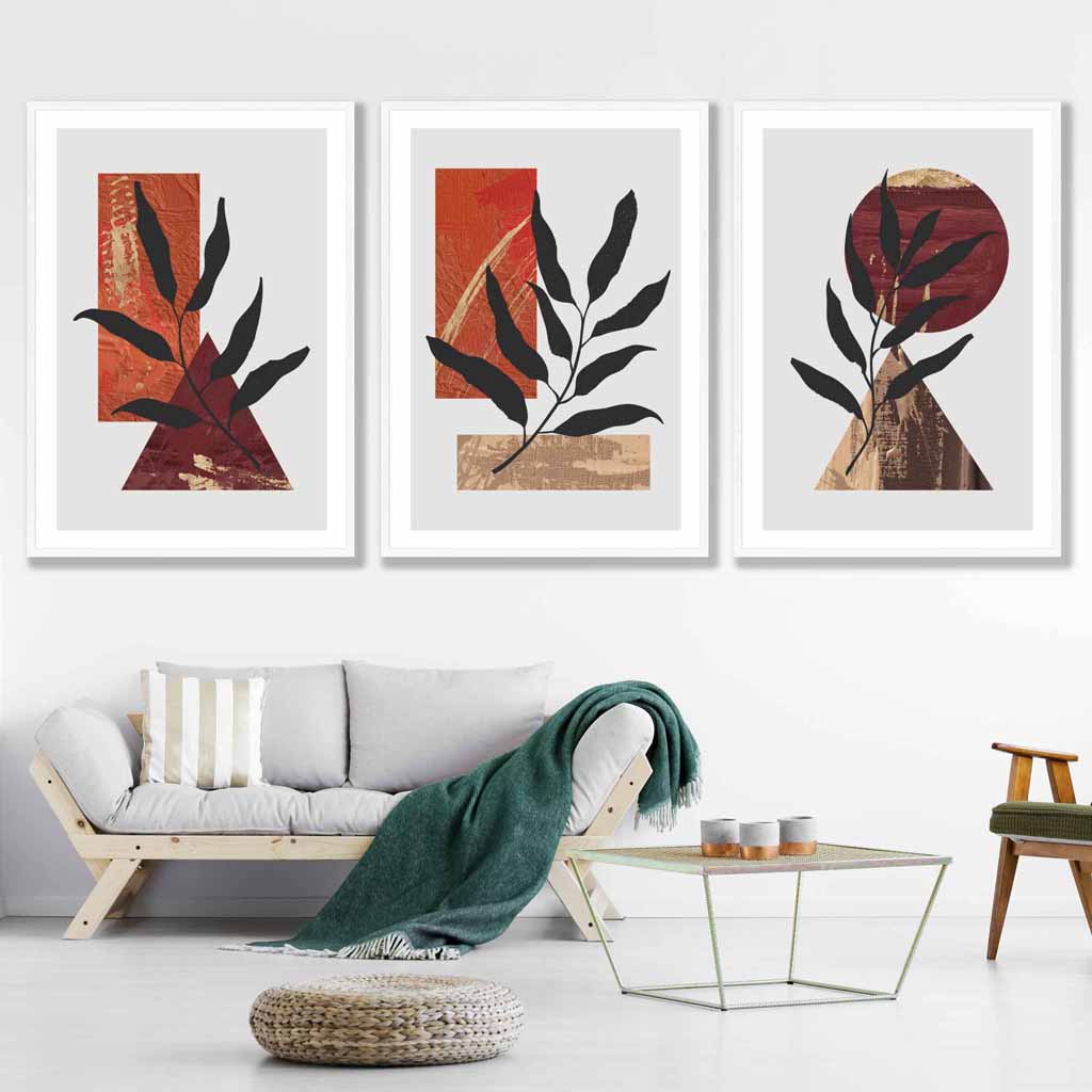 Mid Century Modern Set of 3 Wall Art Prints in Orange & Gold