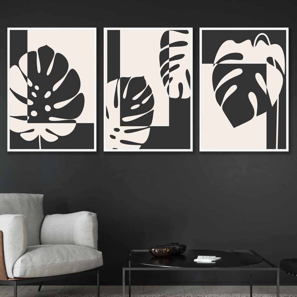 Set of 3 Black Graphical Monstera Botanical Art Prints