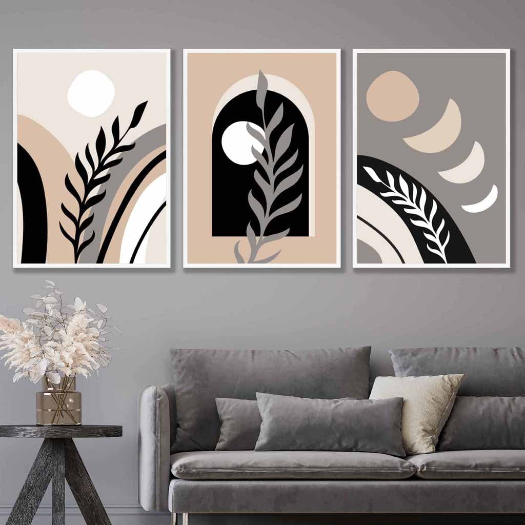 Boho Abstract Set of 3 Wall Art Prints in Black Beige and Grey