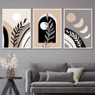 Boho Abstract Set of 3 Wall Art Prints in Black Beige and Grey