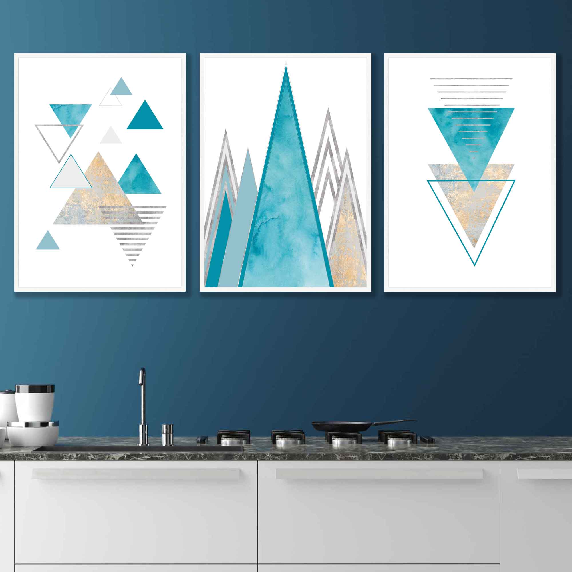 GEOMETRIC set of 3 Aqua Blue and Gold Art Prints Abstract Triangles