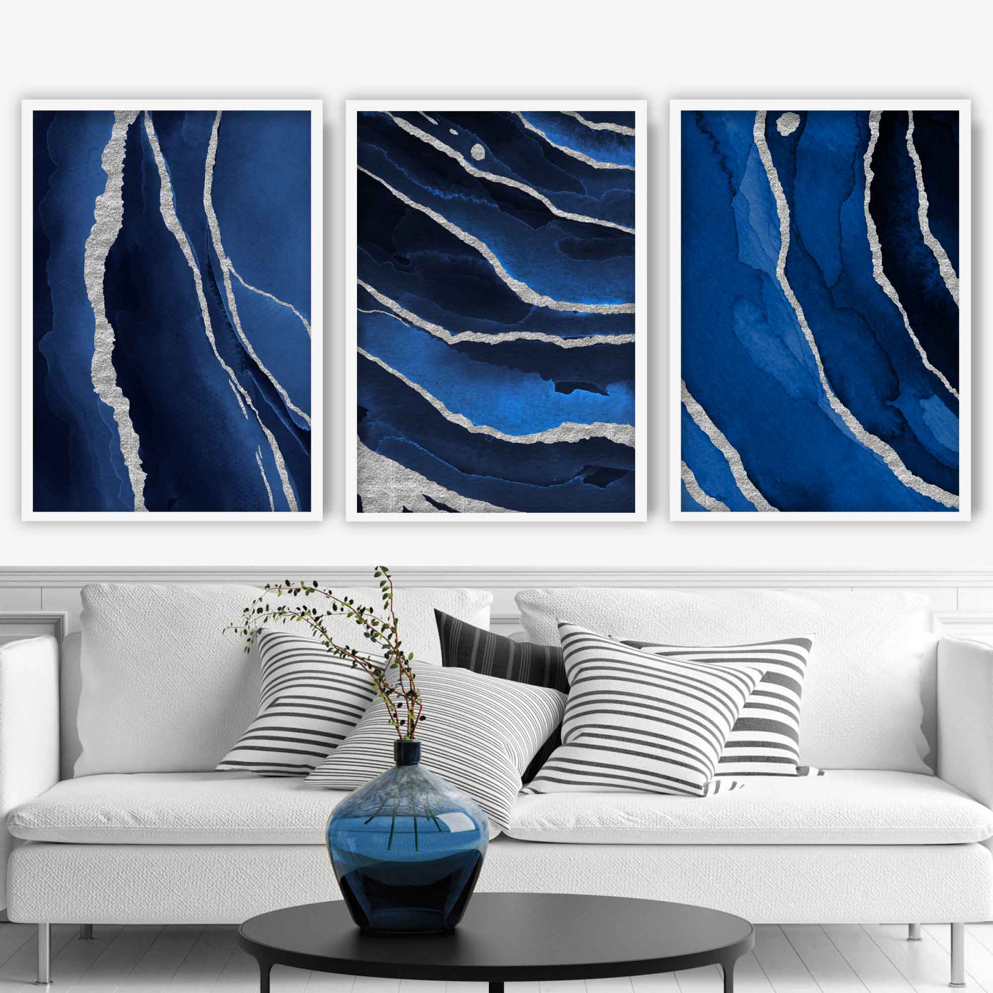 Framed Set of 3 Navy and Silver Abstract Art Prints | Artze Wall Art UK