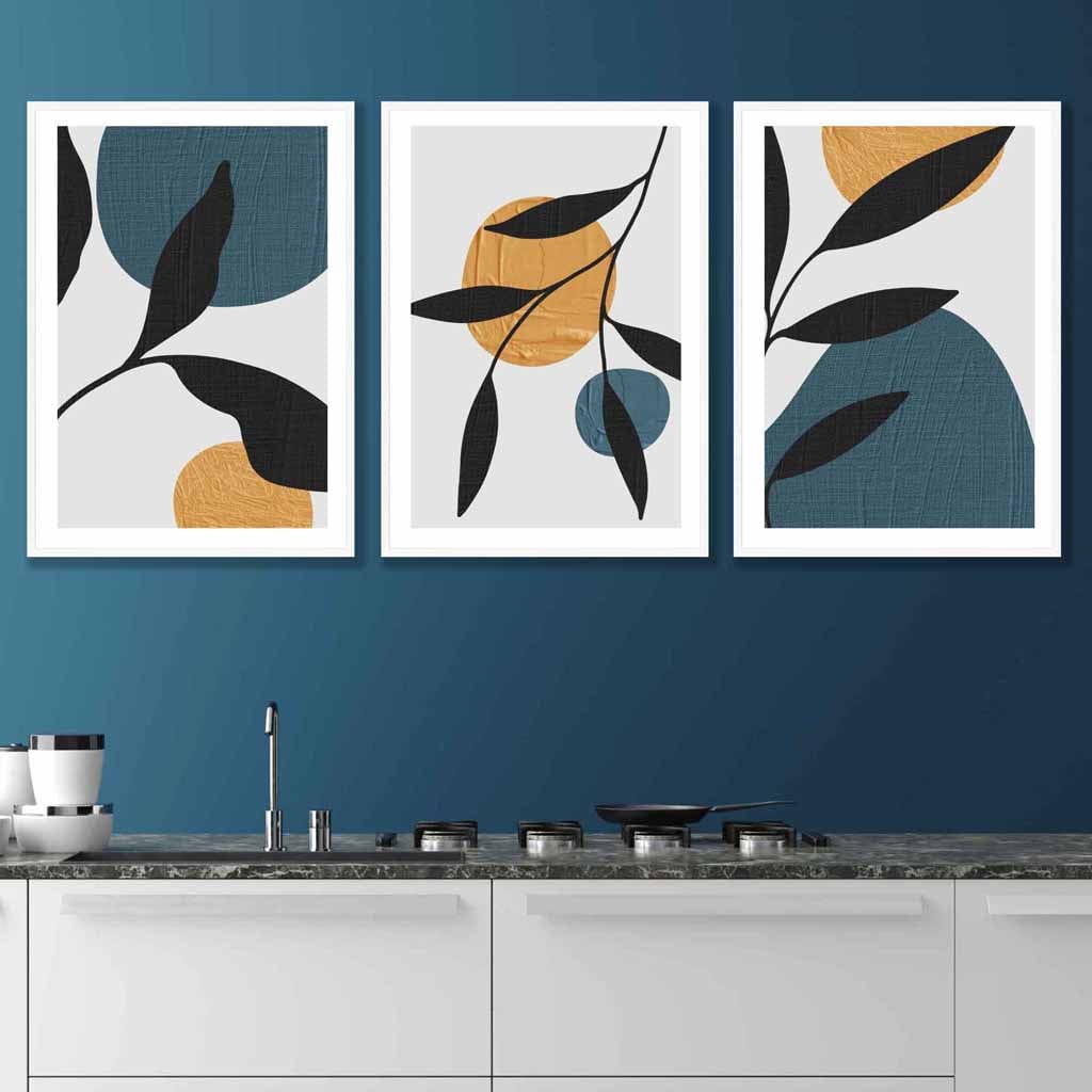 Mid Century Botanical Set of 3 Teal, Yellow Wall Art Prints