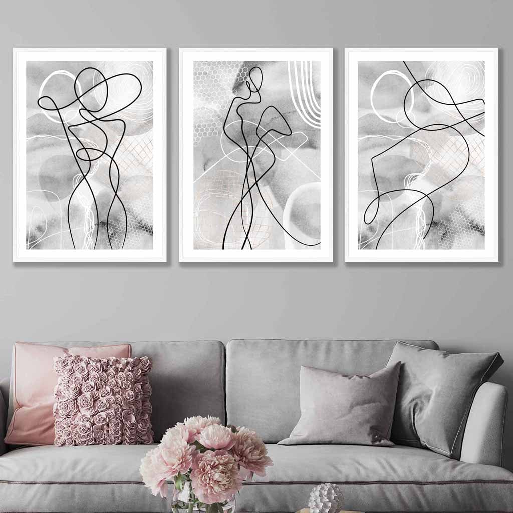 Abstract Set of 3 Fashion Line Art Wall Art Prints in Black & Grey
