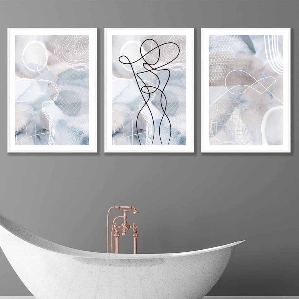 Abstract Set of 3 Fashion Line Art Wall Art Prints in Blue & Beige