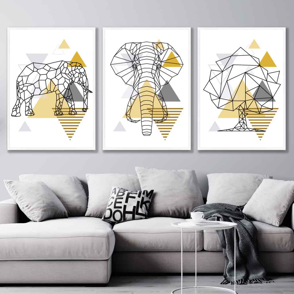 Set of 3 Scandinavian GEOMETRIC YELLOW & Grey ELEPHANT and Tree Art Prints