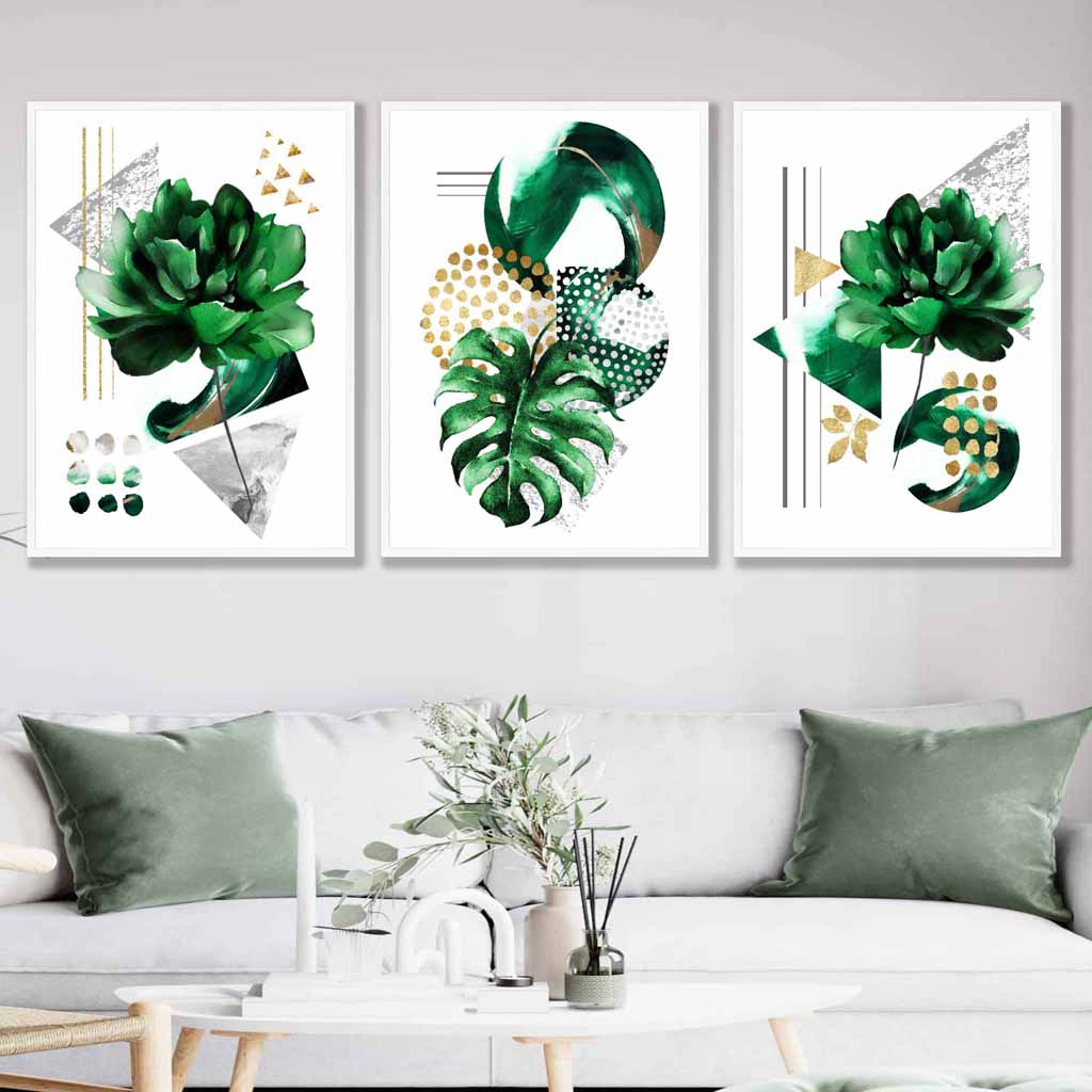Abstract Green Gold Floral Set of 3 Art Prints