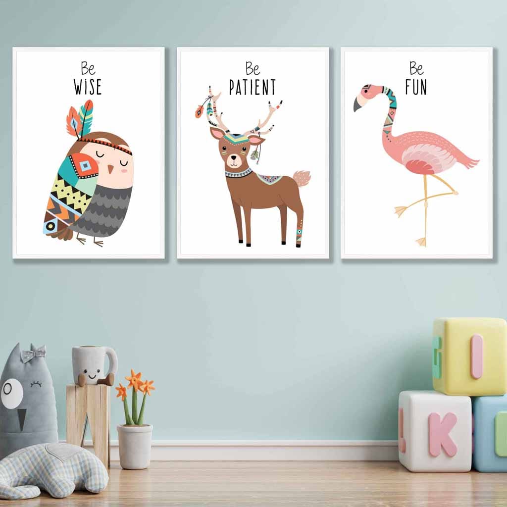 NURSERY Set of 3 Tribal Owl, Deer, Flamingo Wall Art Quote Prints