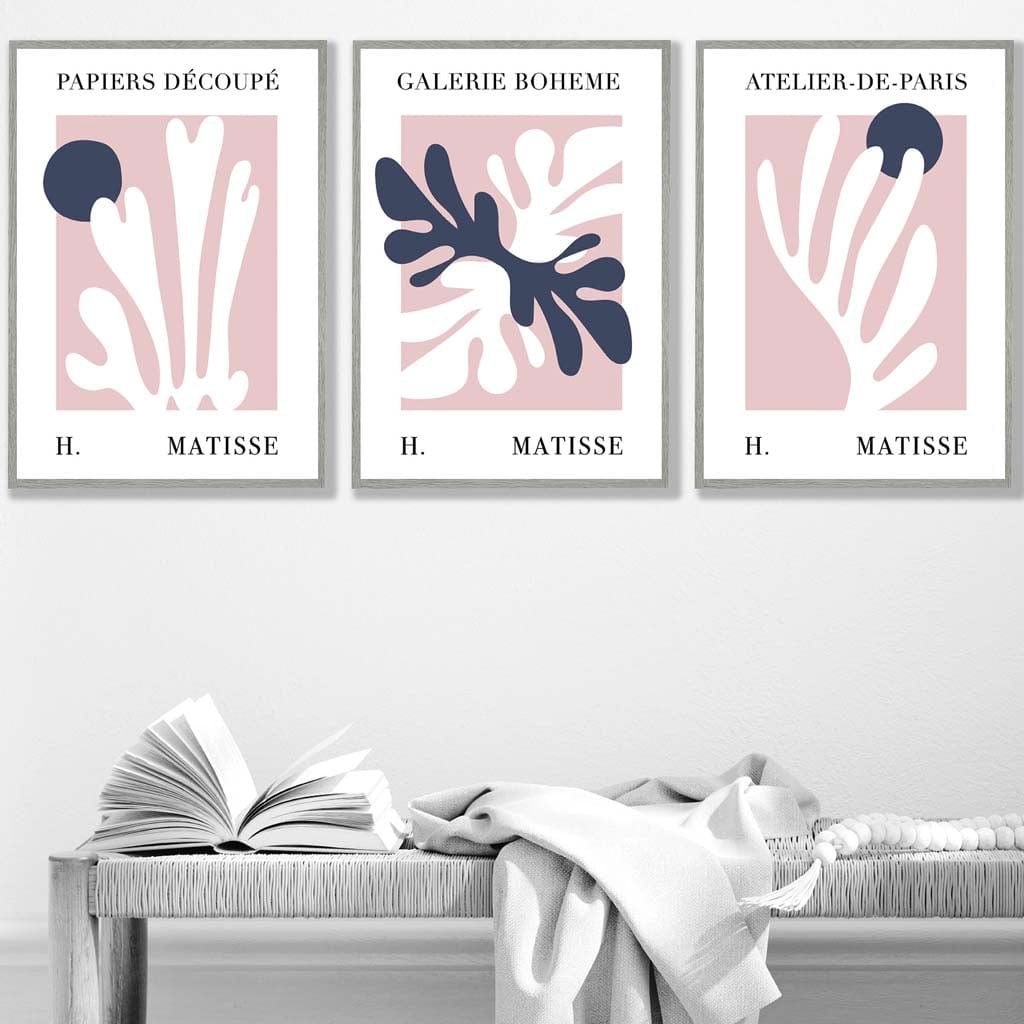 Matisse Floral Cut Out Style Set of 3 Wall Art Prints in Navy & Pink