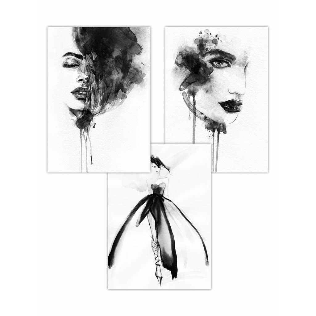FASHION Set of 3 Black and White Wall Art Prints from Watercolour Illustrations