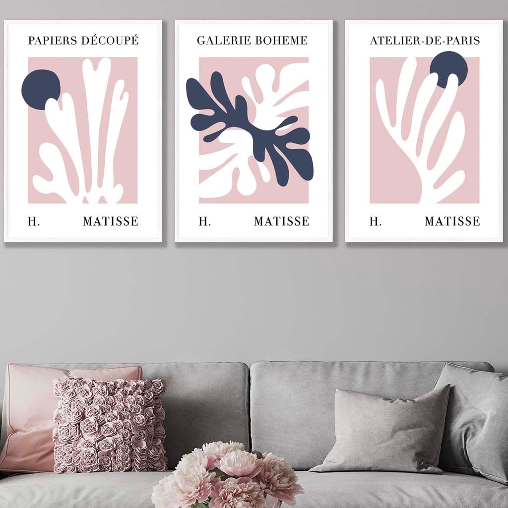 Matisse Floral Cut Out Style Set of 3 Wall Art Prints in Navy & Pink