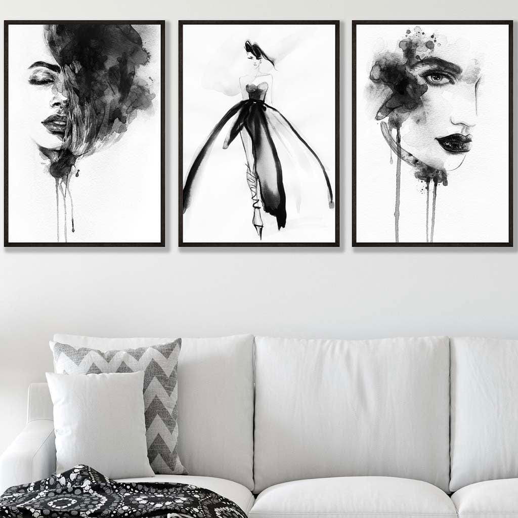 FASHION Set of 3 Black and White Wall Art Prints from Watercolour Illustrations